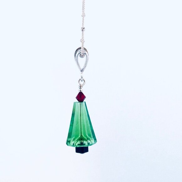 Sterling Silver 925 Green Crystal Christmas Tree Pendant Necklace, 17" Chain - Picture 2 of 11